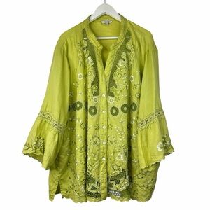 John Mark Embroidered Linen Button Front Blouse Chartreuse Green Bell Sleeve 3X